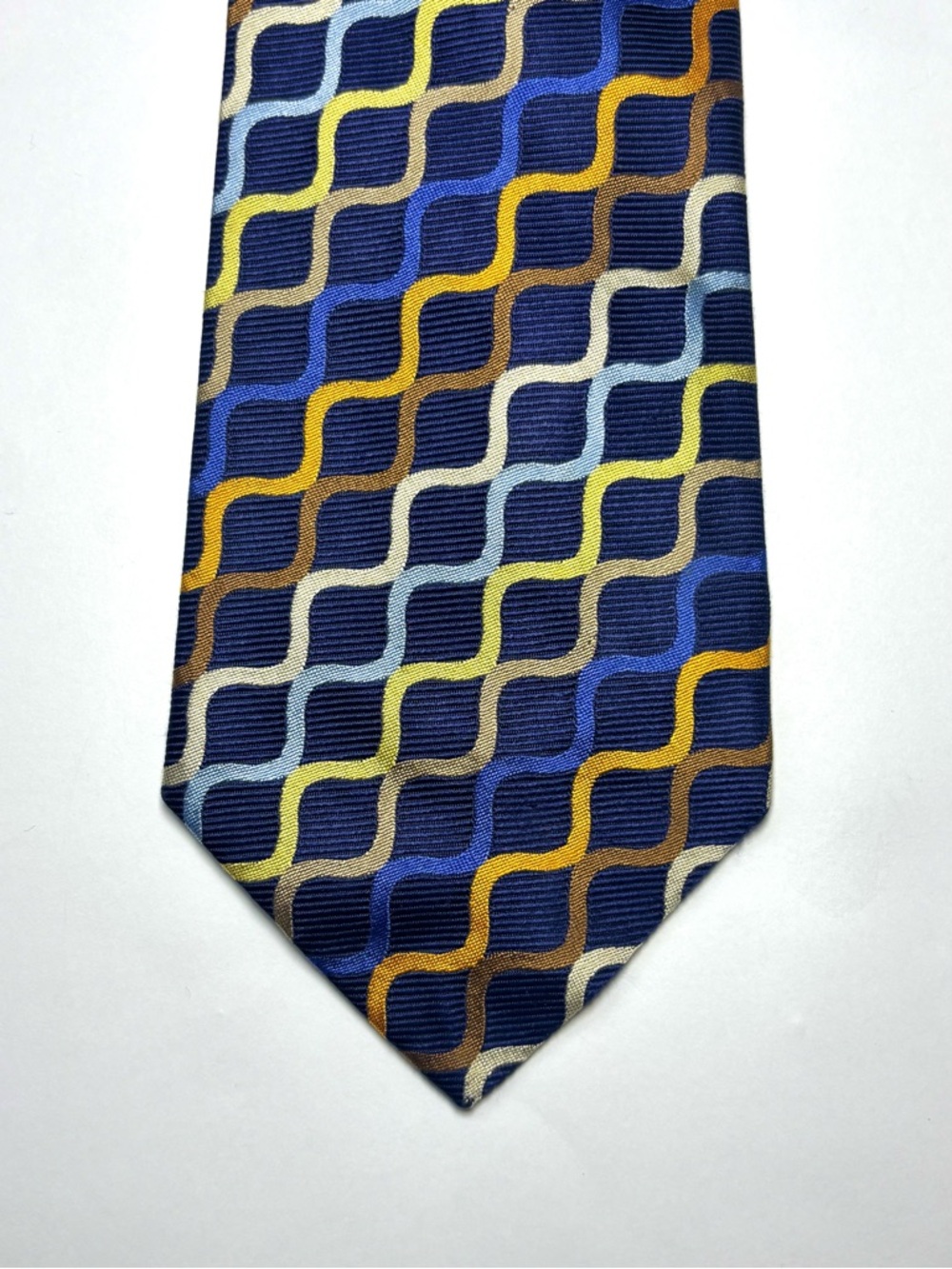 TURNBULL & ASSER Men's Geometric Pattern Silk Tie in Navy, Blue & Gold